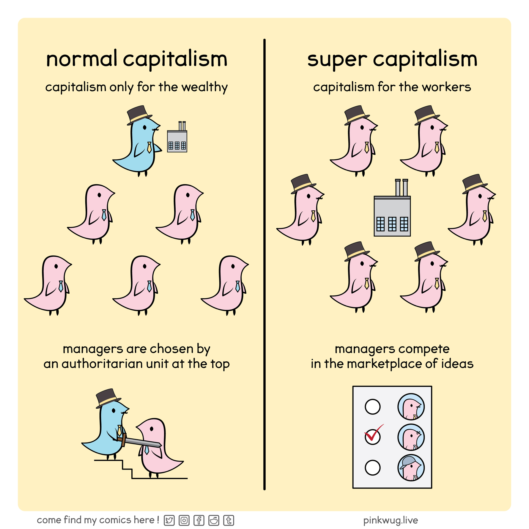 pinkwug comic: normal capitalism: 

capitalism only for the wealthy (image of the owner holding a mini factory at the top of a pyramid of workers)
managers are chosen by au authoritarian unit at the top (image of owner knighting a manager)

supercapitalism:

capitalism for the workers (image of workers around the factory)
managers compete in the marketplace of ideas (image of a ballot where managers are elected)