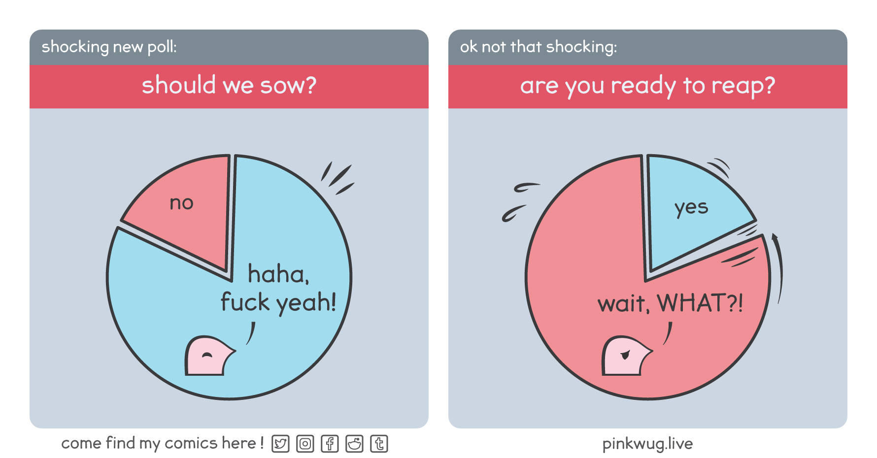 pinkwug comic: Panel 1:
Shocking new poll: "Should we sow?"
A small portion of the pie chart says "no", a big portion says "haha, fuck yeah!"

Panel 2:
ok not that shocking: "Are you ready to reap?"
A small portion of the pie chart says "yes", a big portion says "wait, WHAT?!"